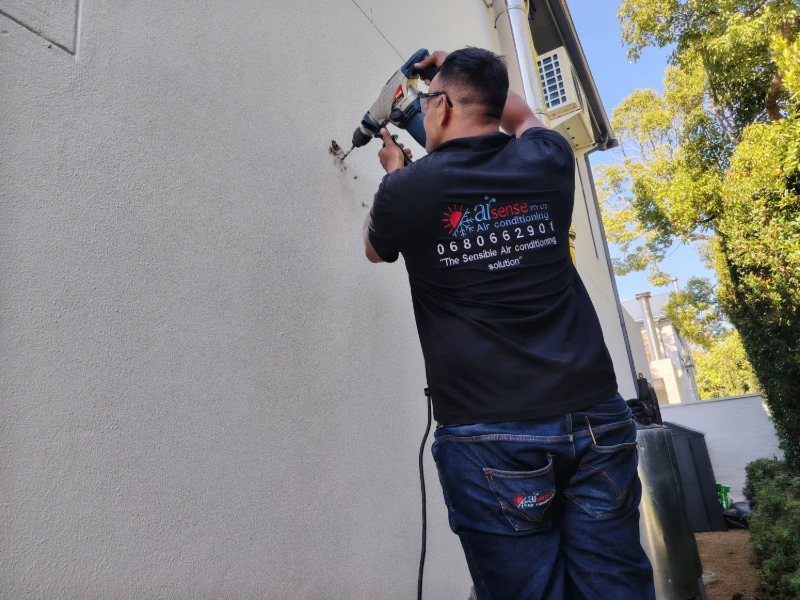 Outdoor air conditioner bracket mounting and drilling